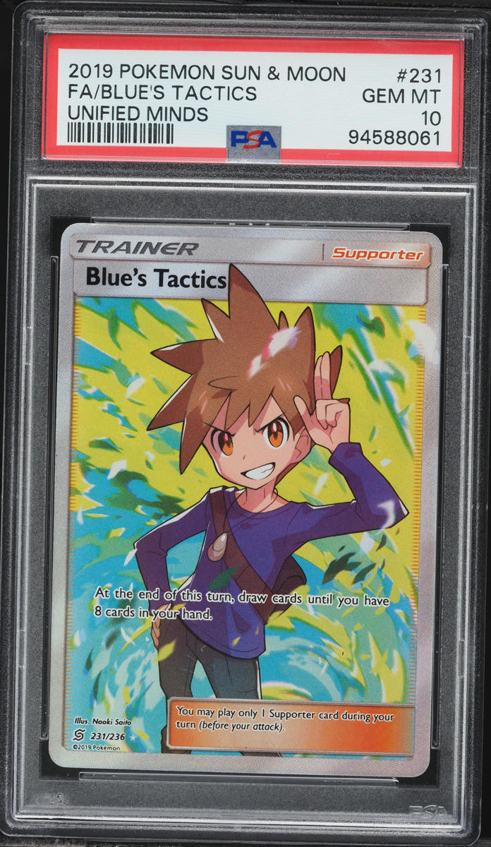 2019 Pokemon Sun & Moon Unified Minds Full Art Blue's Tactics #231 PSA 10 GEM MINT