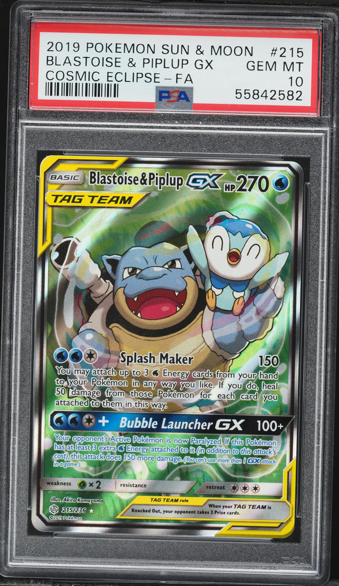 2019 Pokemon Sun & Moon Cosmic Eclipse Full Art Blastoise & Piplup GX #215 PSA 10 GEM MINT