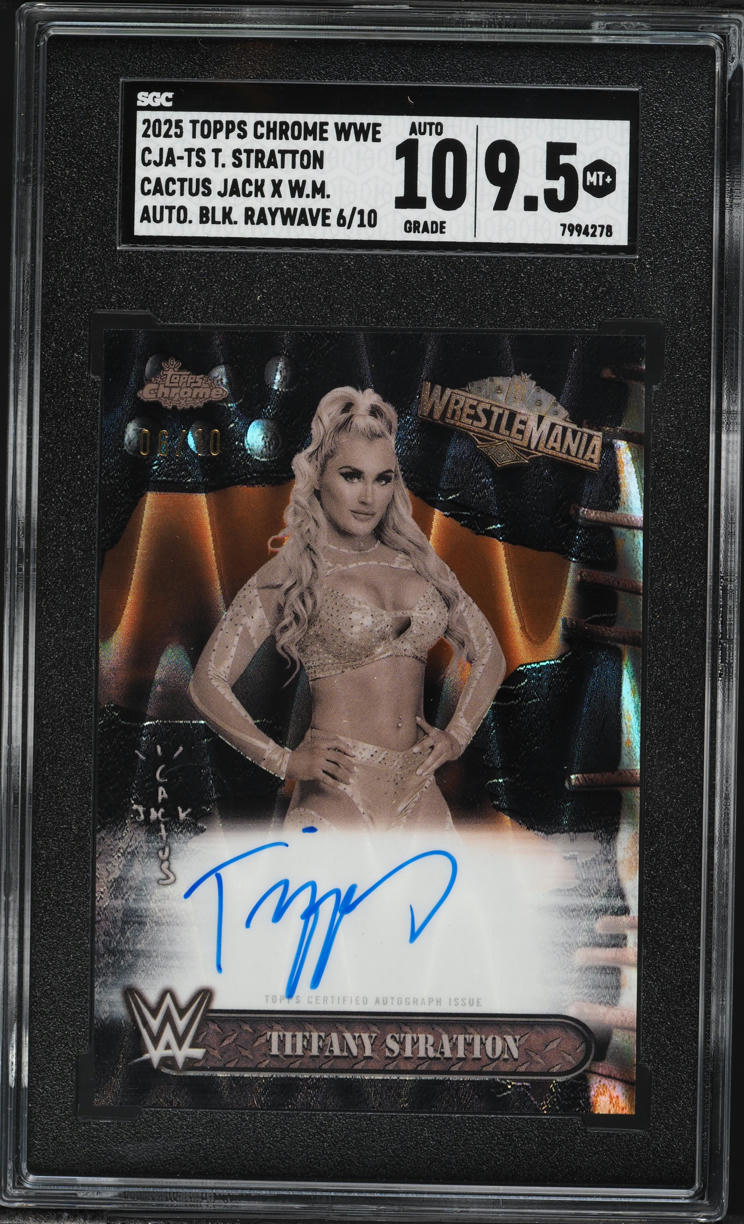 2025 Topps Chrome WWE Cactus Jack X WM Black Raywave Ref Tiffany Stratton AUTO /10 SGC 9.5