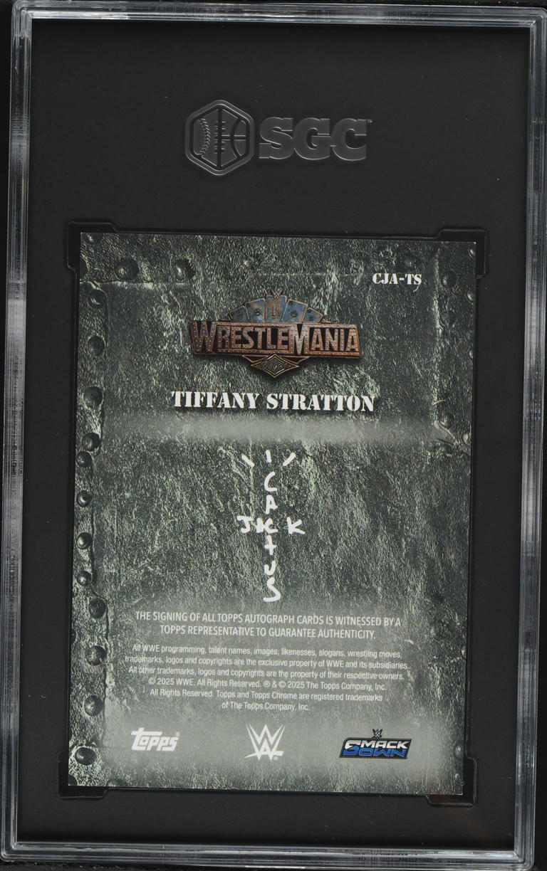 2025 Topps Chrome WWE Cactus Jack X WM Black Raywave Ref Tiffany Stratton AUTO /10 SGC 9.5