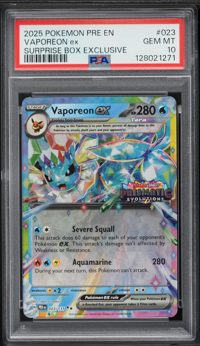 2025 Pokemon SV Prismatic Evolutions Surprise Box Holo Vaporeon EX #23 PSA 10 GEM MINT