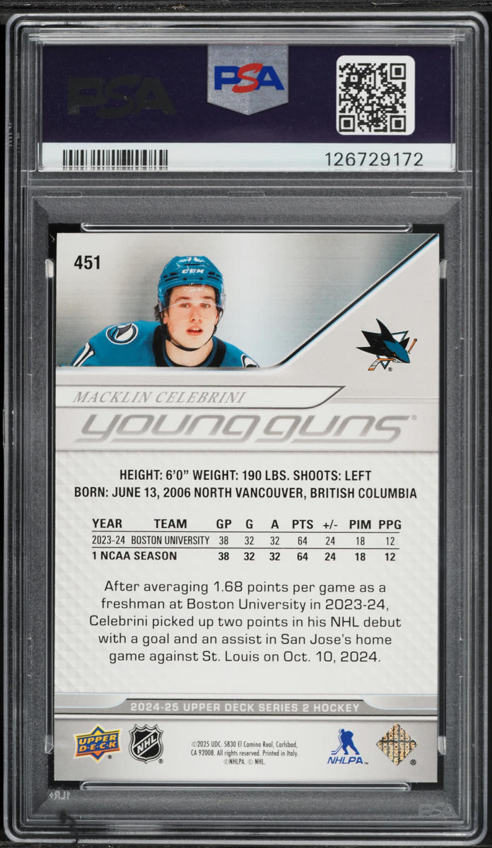 2024 Upper Deck Young Guns Macklin Celebrini ROOKIE #451 PSA 10 GEM MINT