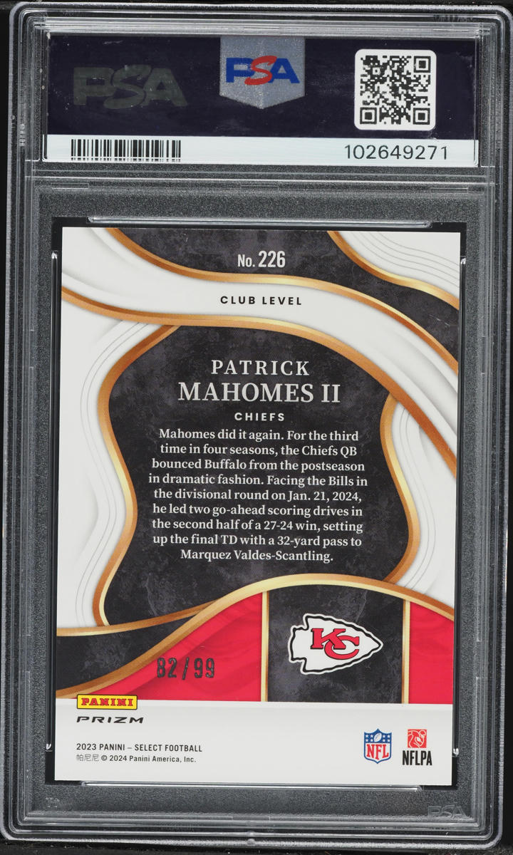 2023 Select Club Level Blue Prizm Patrick Mahomes II /99 #226 PSA 10 GEM MINT
