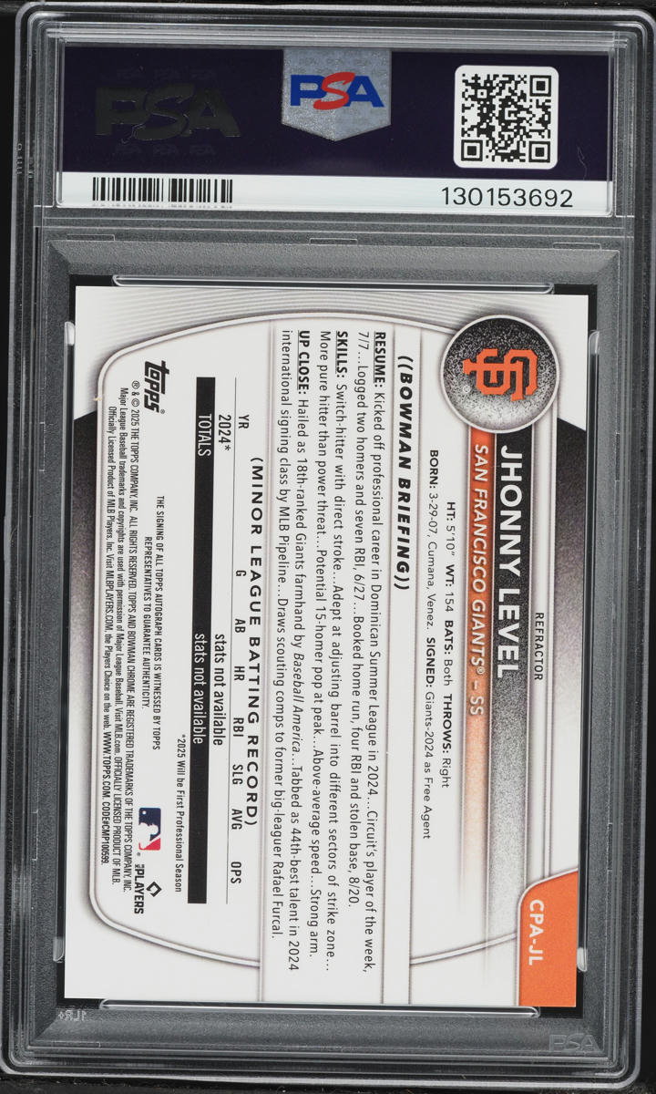 2025 Bowman Chrome Refractor Jhonny Level PROSPECT AUTO /499 #CPAJL PSA 10 GEM MINT