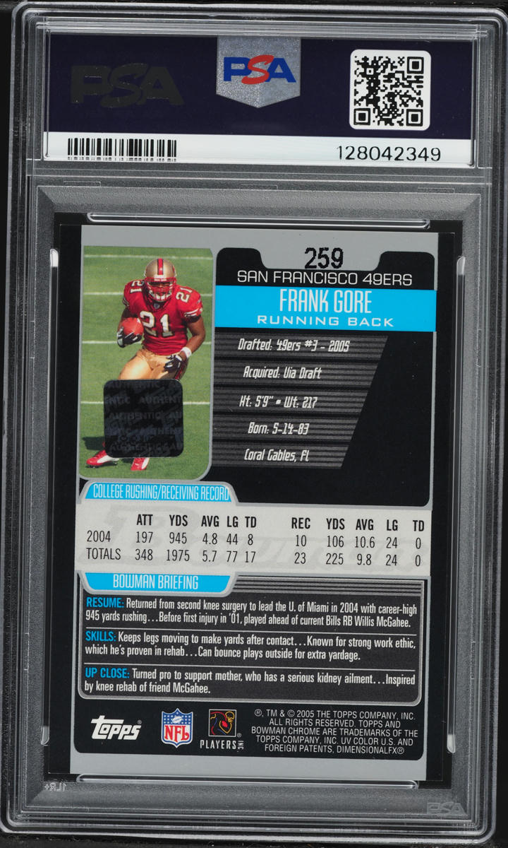2005 Bowman Chrome Football Frank Gore ROOKIE AUTO #259 PSA 9 MINT