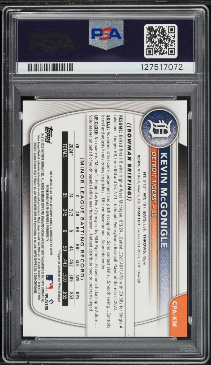 2025 Bowman Chrome Kevin McGonigle PROSPECT AUTO #CPA-KM PSA 10 GEM MINT