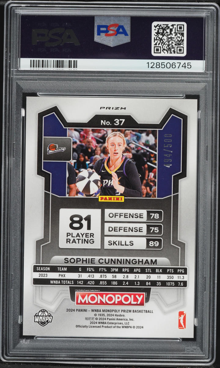 2024 Panini Prizm Monopoly WNBA Gold Millionaire Shimmer Sophie Cunningham /500 #37 PSA 10 GEM
