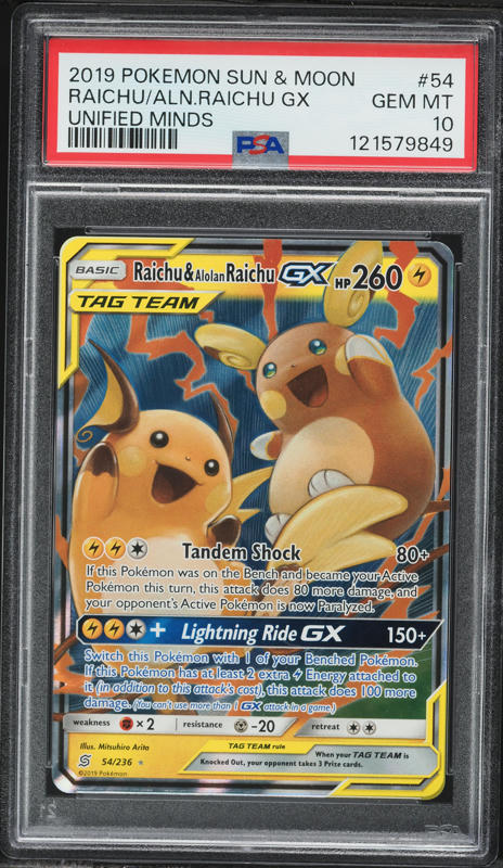 2019 Pokemon Sun & Moon Unified Minds Full Art Raichu & Alolan Raichu GX #54 PSA 10 GEM MINT