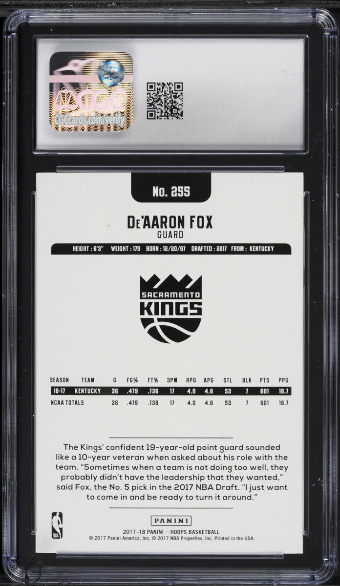 2017 Hoops De'Aaron Fox ROOKIE #255 CGC 9.5 MINT+