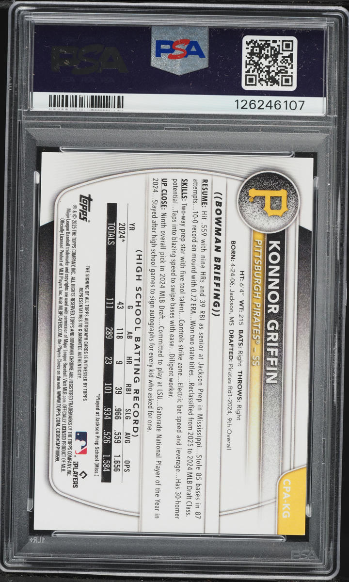 2025 Bowman Chrome Purple Refractor Konnor Griffin PROSPECT AUTO /250 #CPAKG PSA 9 MINT