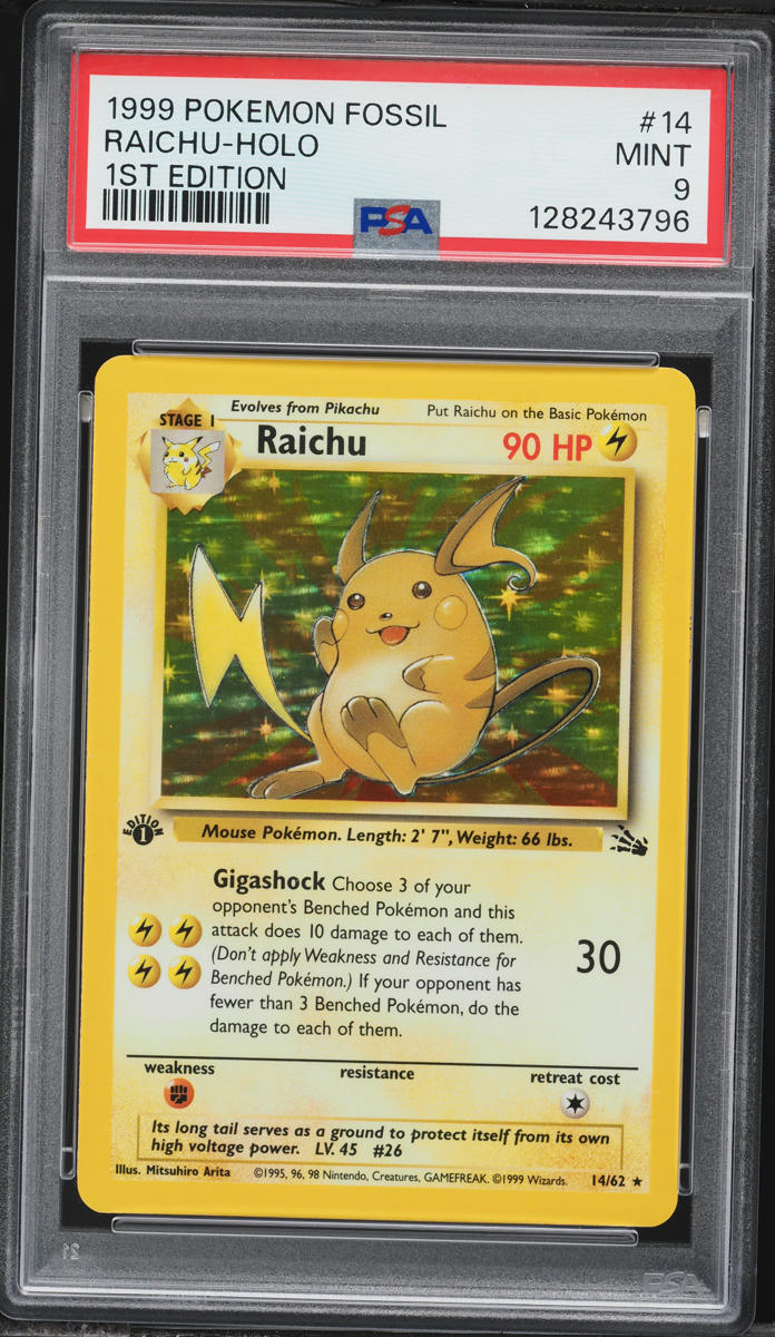 1999 Pokemon Fossil 1st Edition Holo Raichu #14 PSA 9 MINT