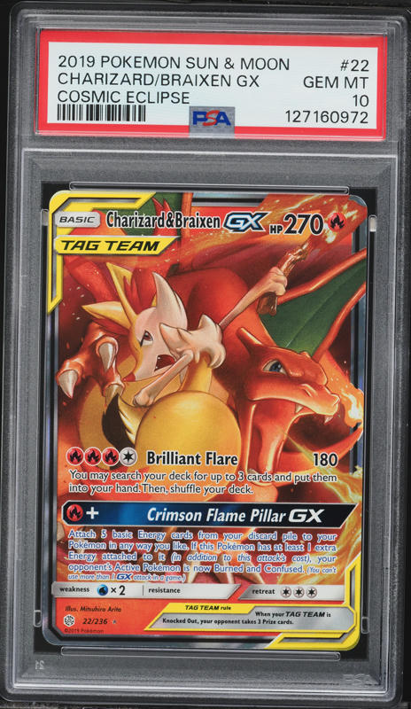 2019 Pokemon Sun & Moon Cosmic Eclipse Full Art Charizard & Braixen GX #22 PSA 10 GEM MINT
