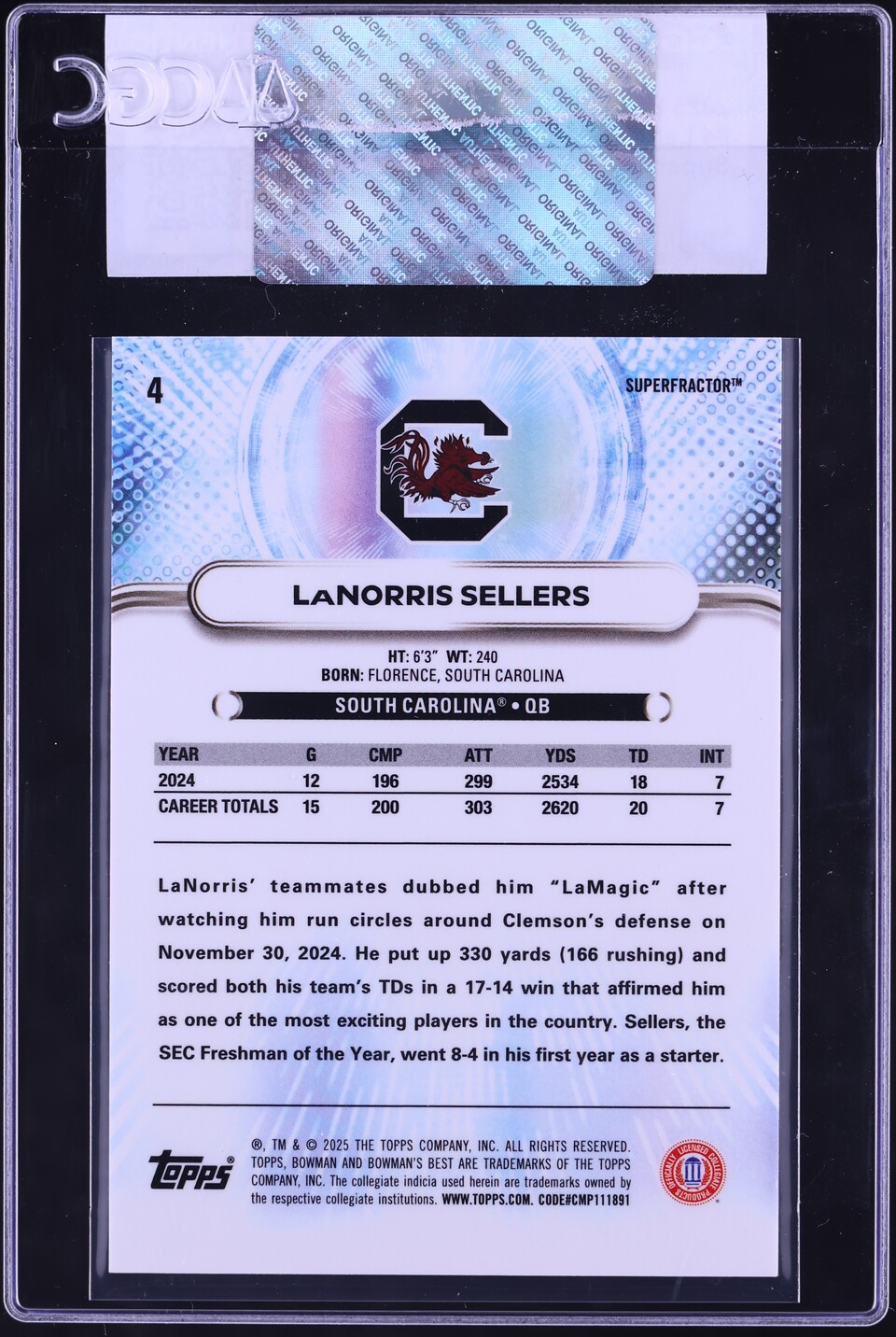 2025 Bowman University Best Superfractor LaNorris Sellers ROOKIE 1/1 #4 CGC AUTH
