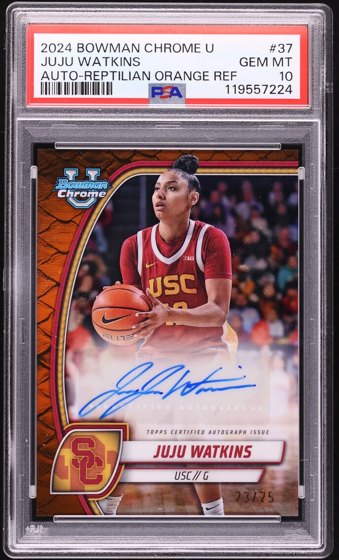 2024 Bowman Chrome University Reptilian Orange Refractor Juju Watkins AUTO /25 #37 PSA 10 GEM