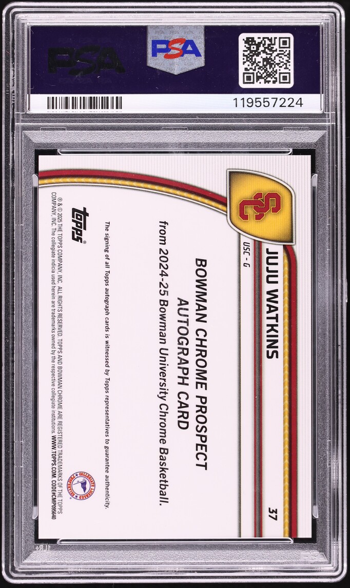 2024 Bowman Chrome University Reptilian Orange Refractor Juju Watkins AUTO /25 #37 PSA 10 GEM
