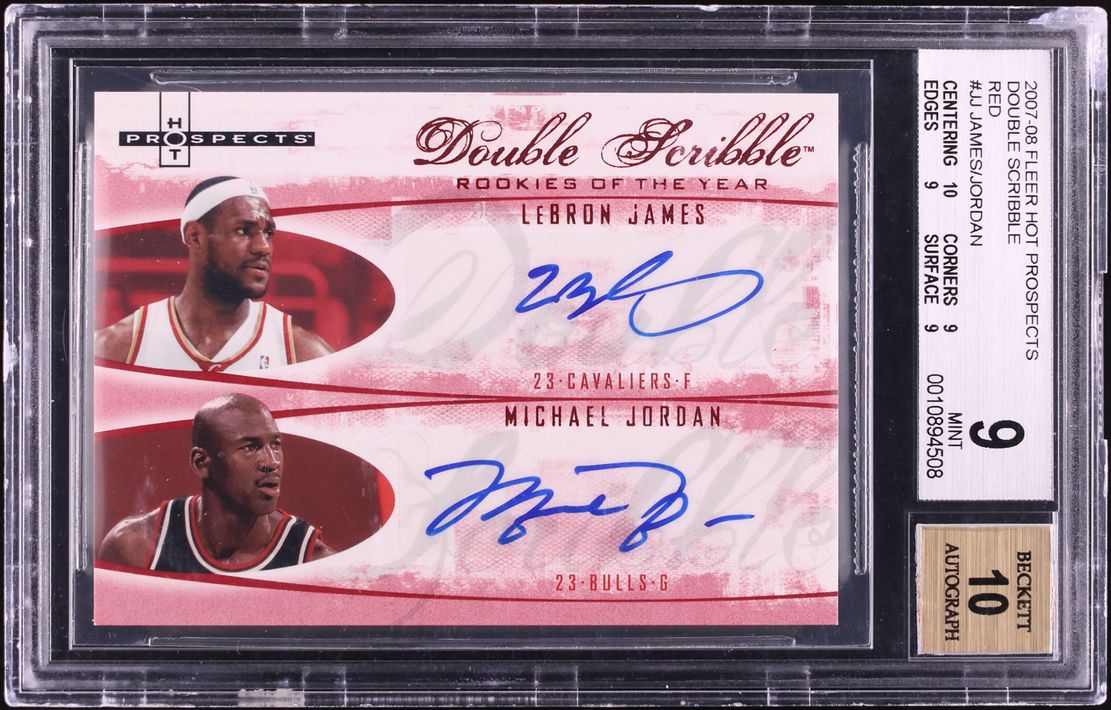 2007 Fleer Hot Prospects Double Red LeBron James & Michael Jordan AUTO /10 #DS-JJ BGS 9 MINT