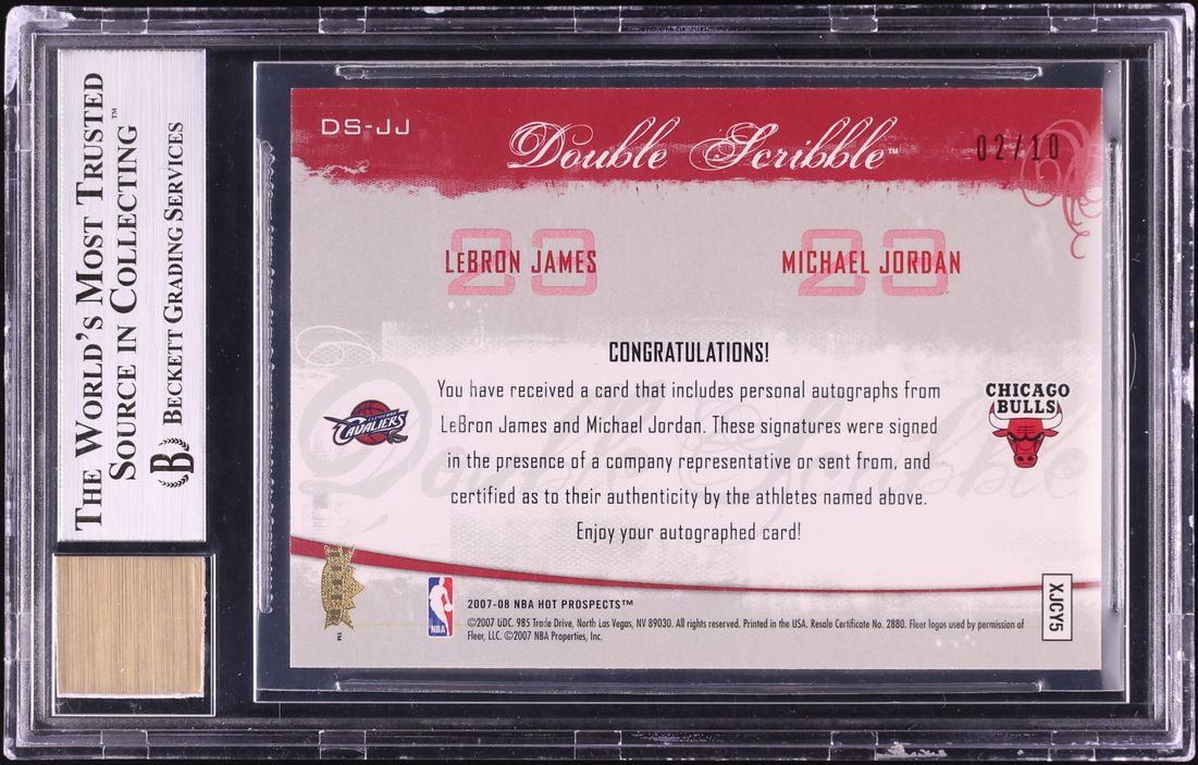 2007 Fleer Hot Prospects Double Red LeBron James & Michael Jordan AUTO /10 #DS-JJ BGS 9 MINT