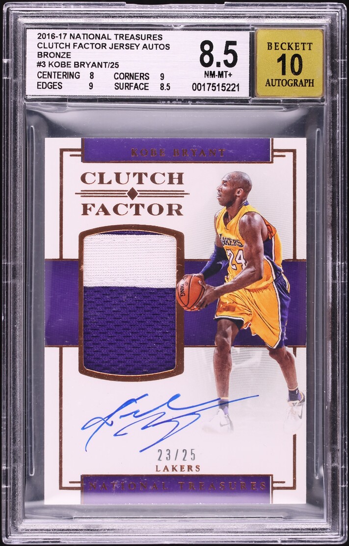 2016 National Treasures Clutch Factor Bronze Kobe Bryant PATCH AUTO /25 BGS 8.5 NM-MT+