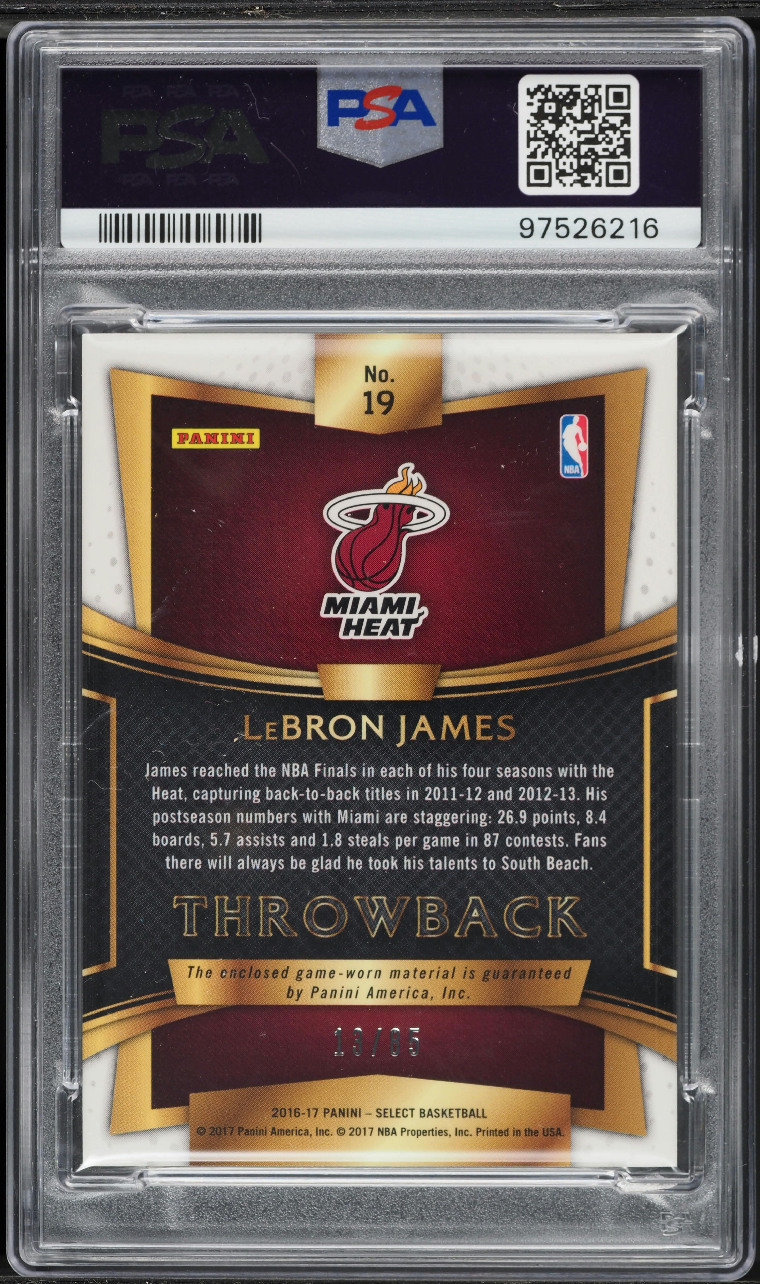 2016 Select Throwback Memorabilia LeBron James PATCH /85 #19 PSA