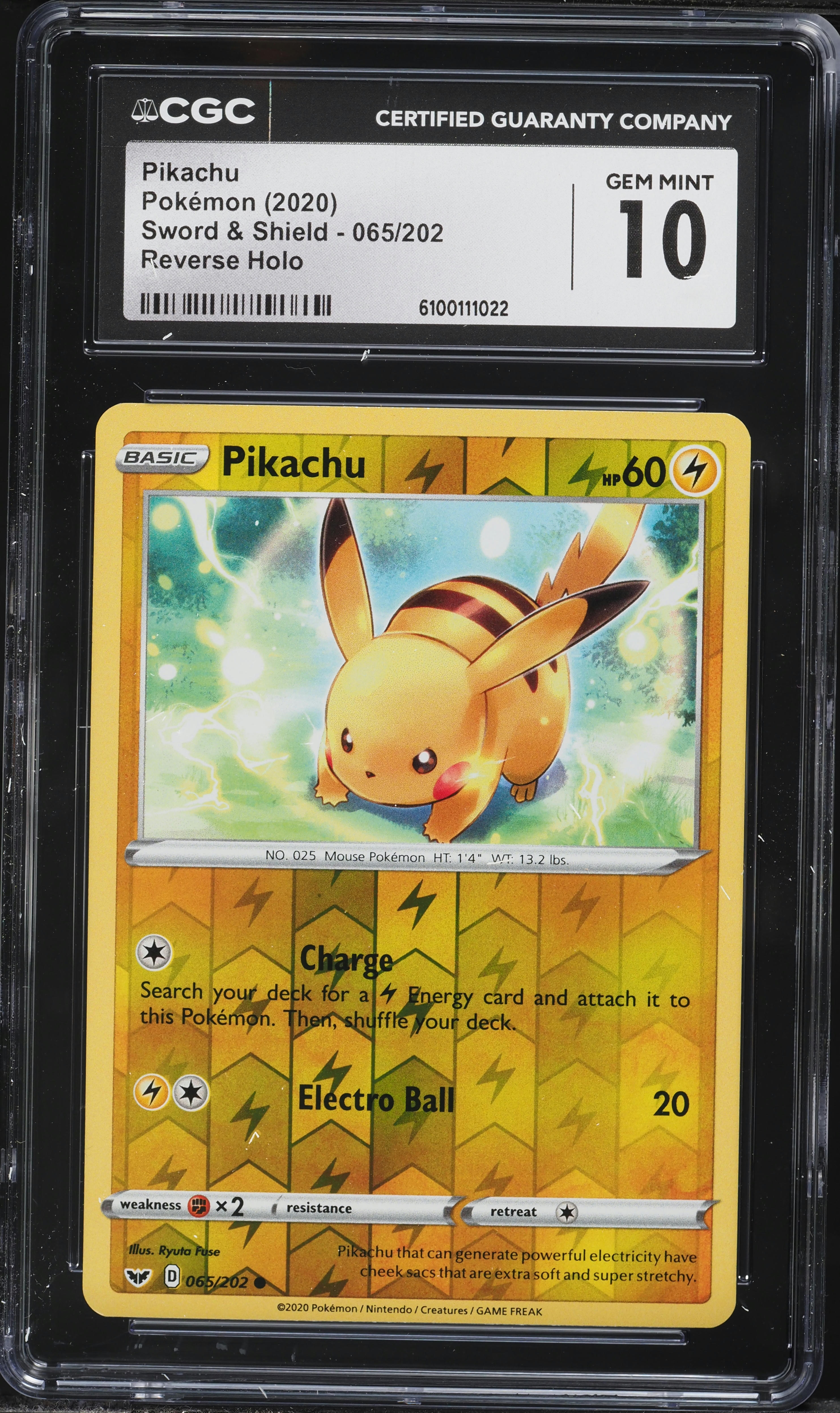 2020 Pokemon Sword & Shield Reverse Holo Pikachu #65 CGC 10 GEM