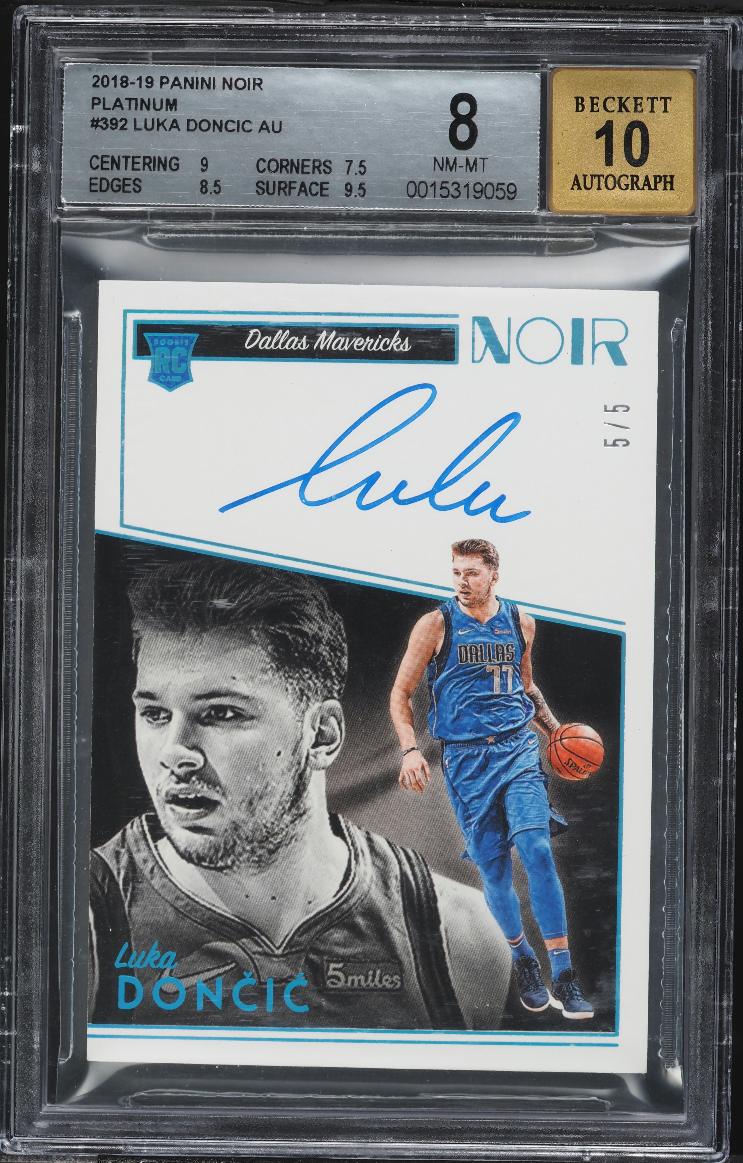 2018 Panini Noir Platinum Luka Doncic ROOKIE AUTO 5/5 #392 BGS 8