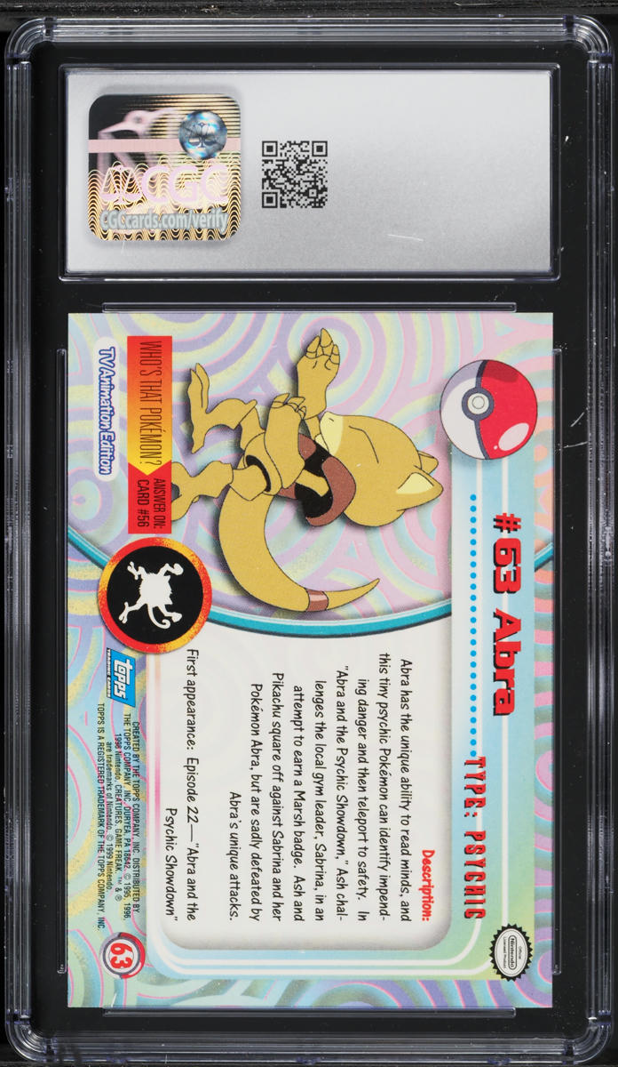 1999 Topps Pokemon Series 1 First Print Abra #63 CGC 9 MINT on Fanatics Collect 1999 Topps Pokemon Series 1 First Print Abra #63 CGC 9 MINT on Fanatics Collect