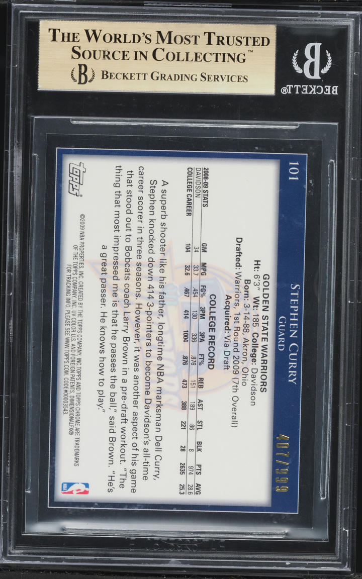 2009 Topps Chrome Stephen Curry ROOKIE /999 #101 BGS 9.5 GEM MINT