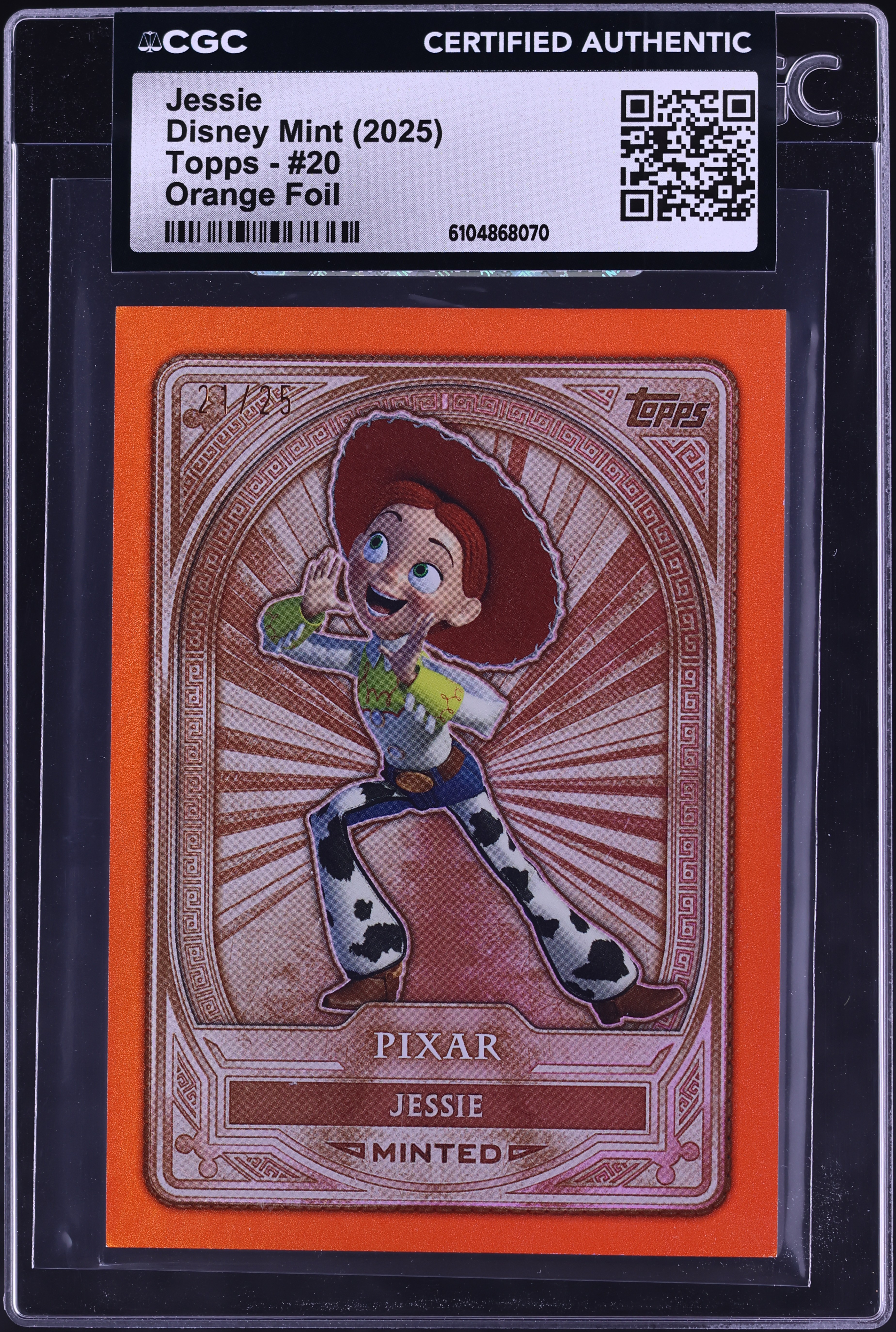 その他 2025 Topps MINT Disney Pixar Jessie /25 2025 Topps Disney Mint Orange Foil Jessie /25 #20 CGC AUTH on