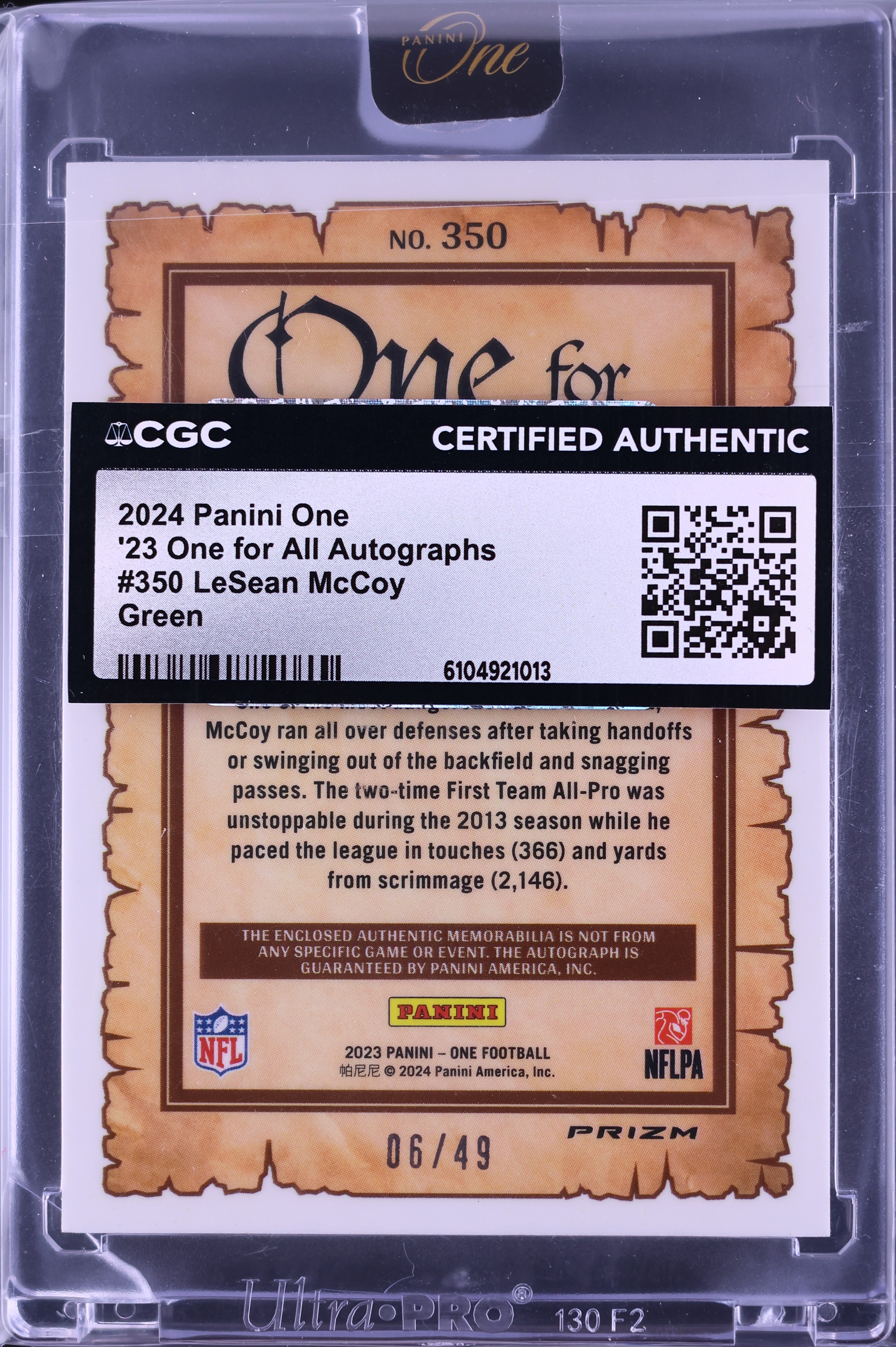 2024 Panini One For All Green Prizm LeSean McCoy PATCH AUTO /49