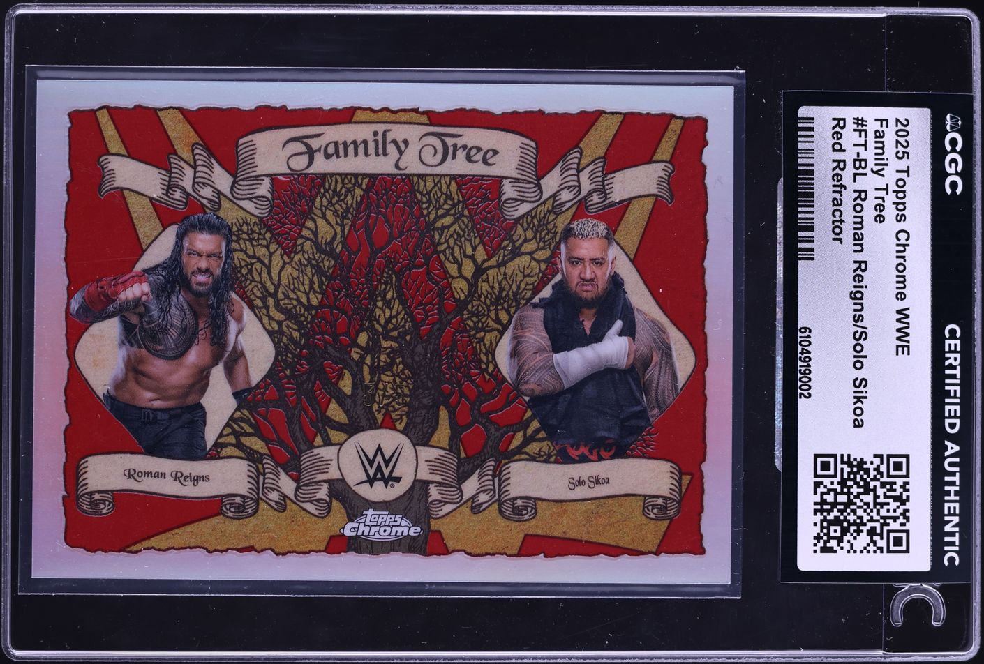 2025 Topps Chrome WWE Family Tree Red Refractor Roman Reigns Solo Sikoa /5 #FT-BL CGC AUTH