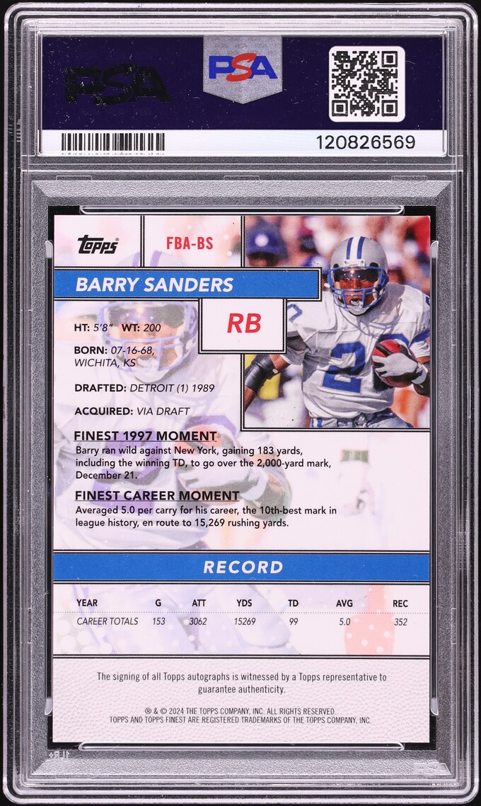 2024 Finest Flashback Oil Spill Refractor Barry Sanders AUTO 10/10 #FBABS PSA 10 GEM MINT