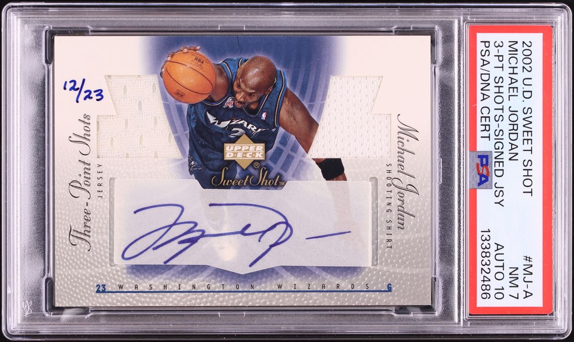2002 Upper Deck Sweet Shot Three-Point Shots Michael Jordan PATCH AUTO DNA 10 /23 #MJ-A PSA 7