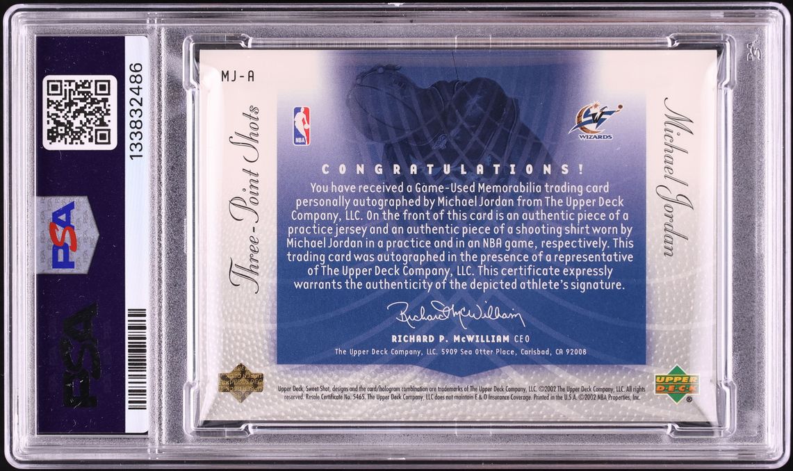 2002 Upper Deck Sweet Shot Three-Point Shots Michael Jordan PATCH AUTO DNA 10 /23 #MJ-A PSA 7