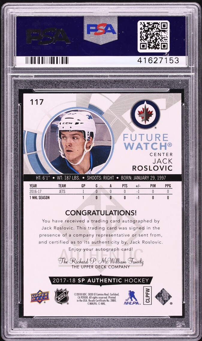 2017 SP Authentic Jack Roslovic ROOKIE AUTO /999 #117 PSA 10 GEM