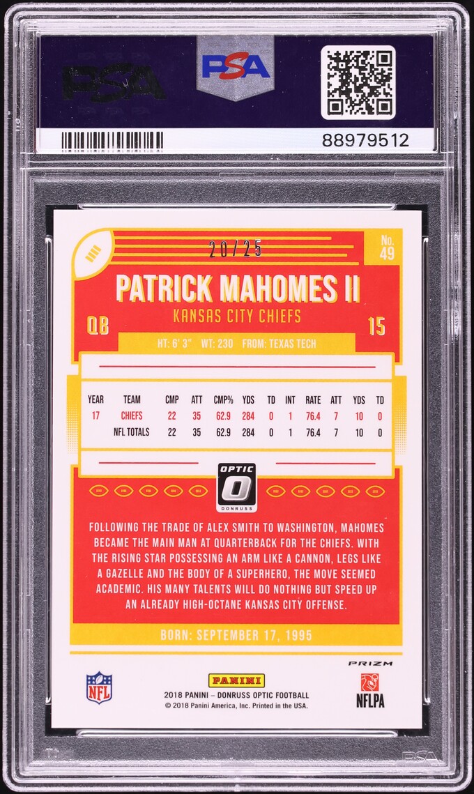 2018 Donruss Optic Purple Stars Patrick Mahomes II /25 #49 PSA 10 GEM MINT