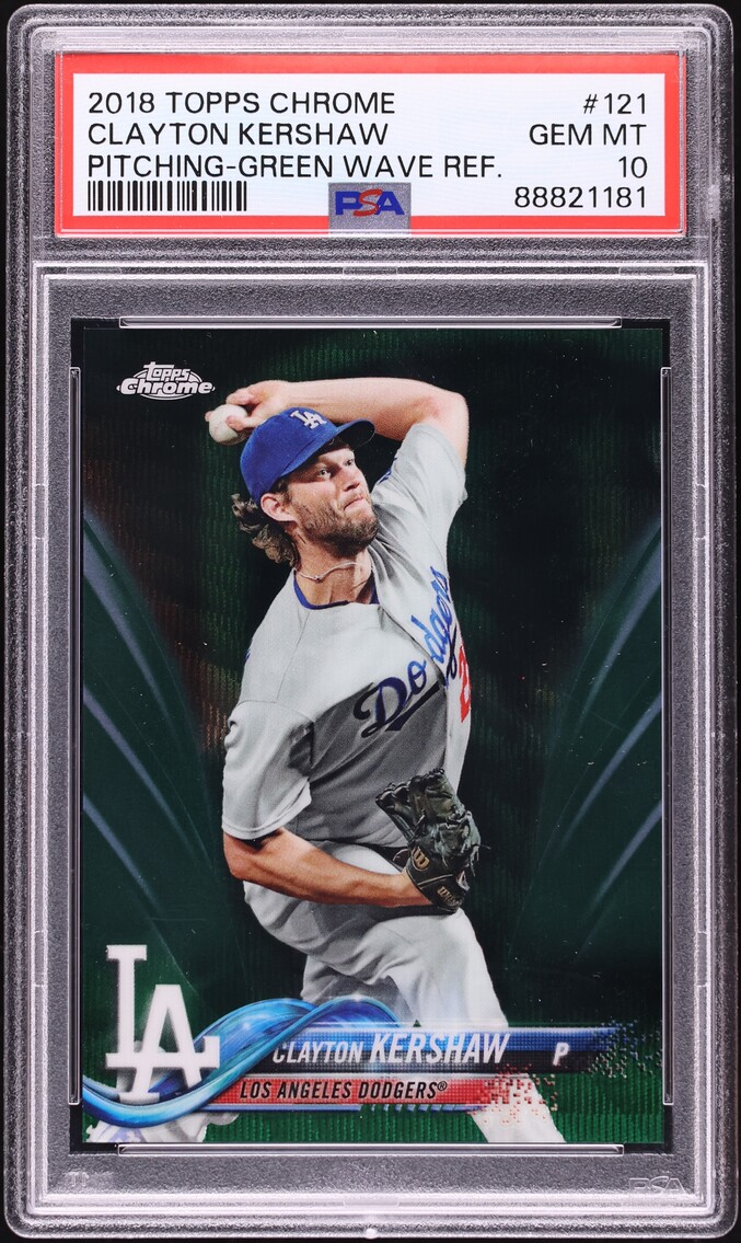 2018 Topps Chrome Pitching Green Wave Refractor Clayton Kershaw /99 #121 PSA 10 GEM MINT