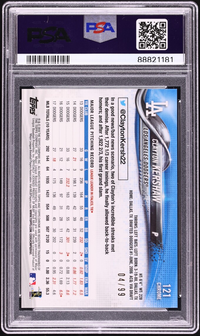 2018 Topps Chrome Pitching Green Wave Refractor Clayton Kershaw /99 #121 PSA 10 GEM MINT