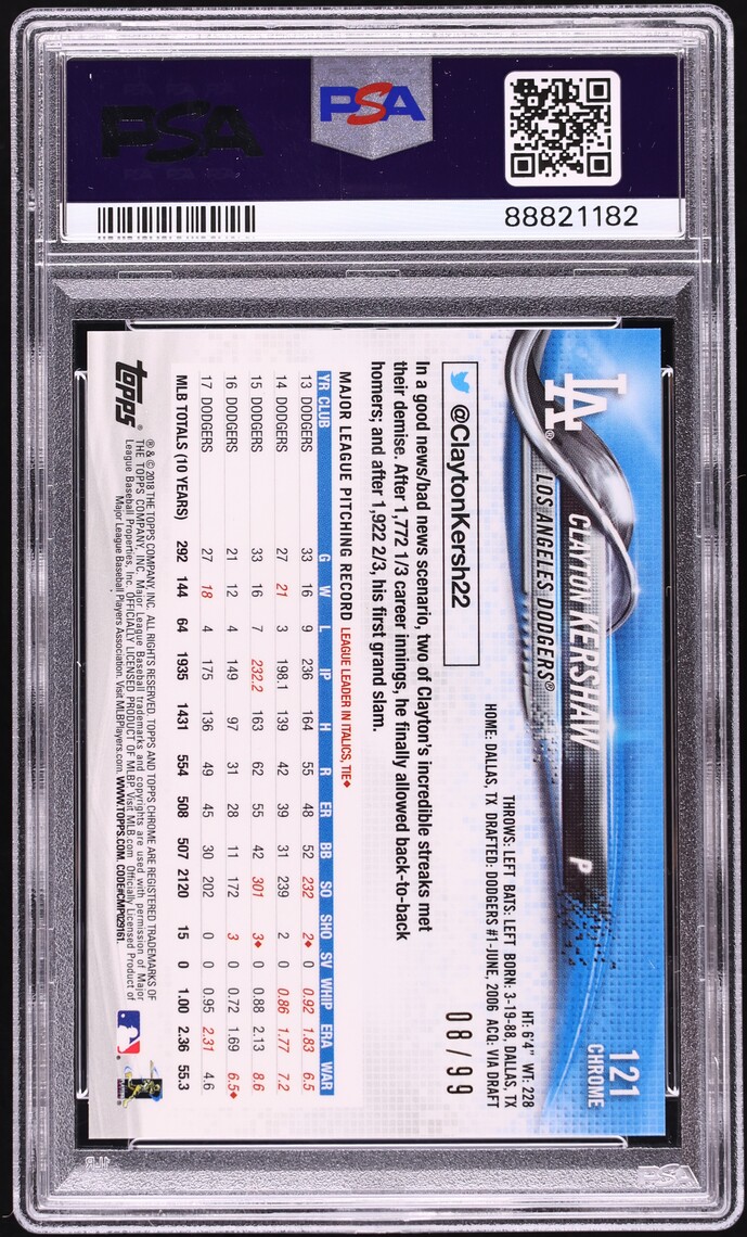 2018 Topps Chrome Pitching Green Refractor Clayton Kershaw /99 #121 PSA 10 GEM MINT