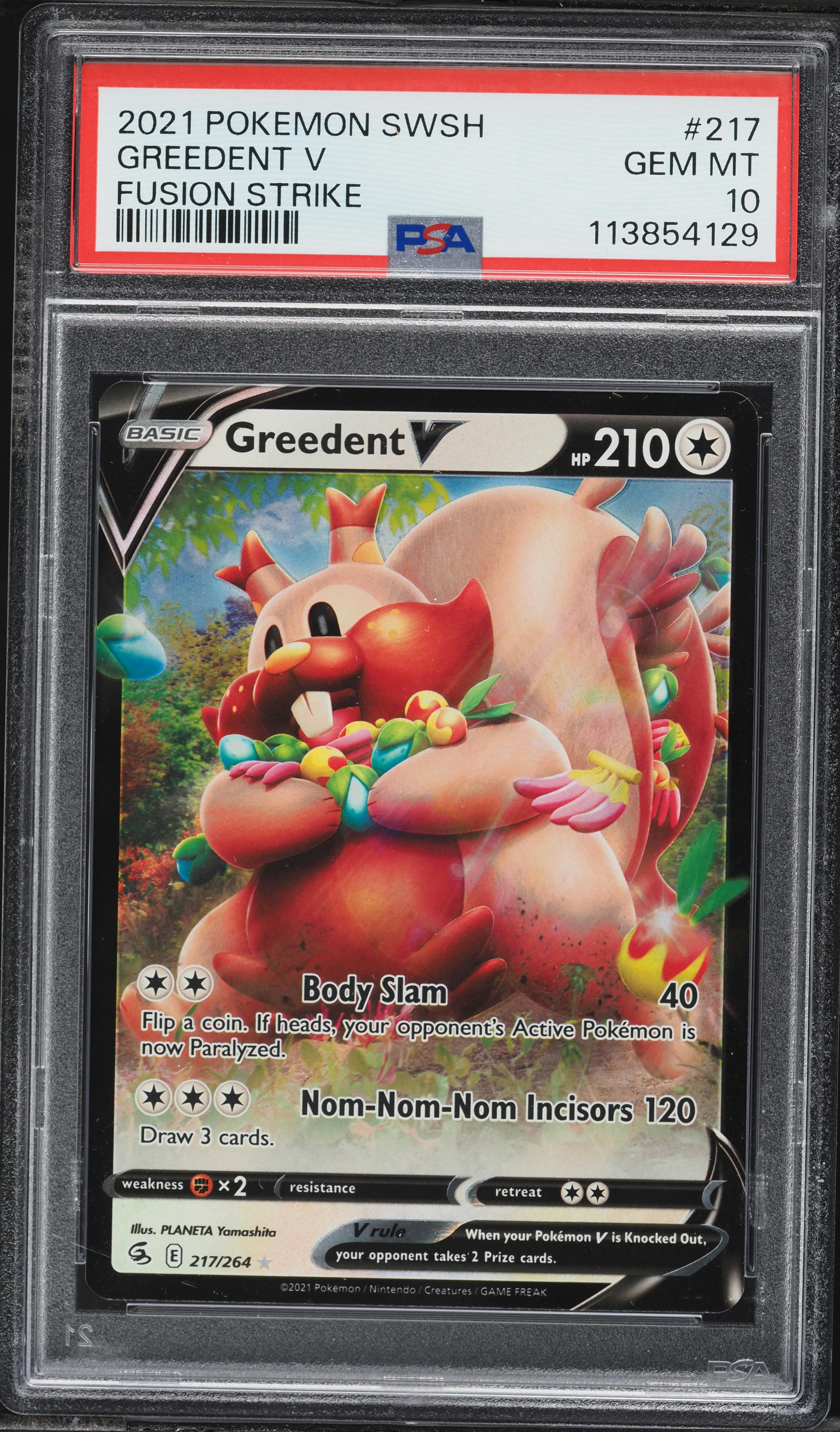 2021 Pokemon Sword & Shield Fusion Strike Greedent V #217 PSA 10