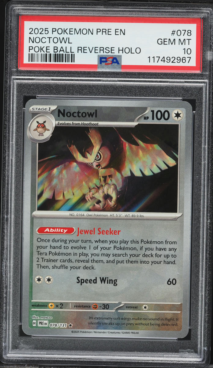 2025 Pokemon Scarlet & Violet Prismatic Evolutions Poke Ball Holo Noctowl #78 PSA 10 GEM MINT
