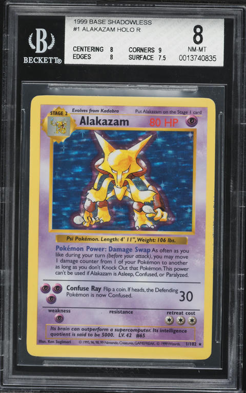 1999 Pokemon Base Set Shadowless Holo Alakazam #1 BGS 8 NM-MT