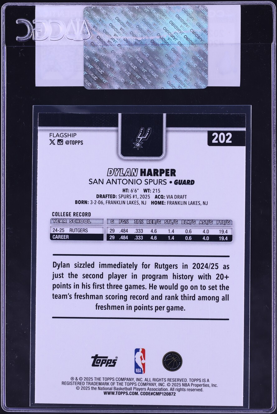 2025 Topps Basketball Dylan Harper ROOKIE #202 CGC AUTH
