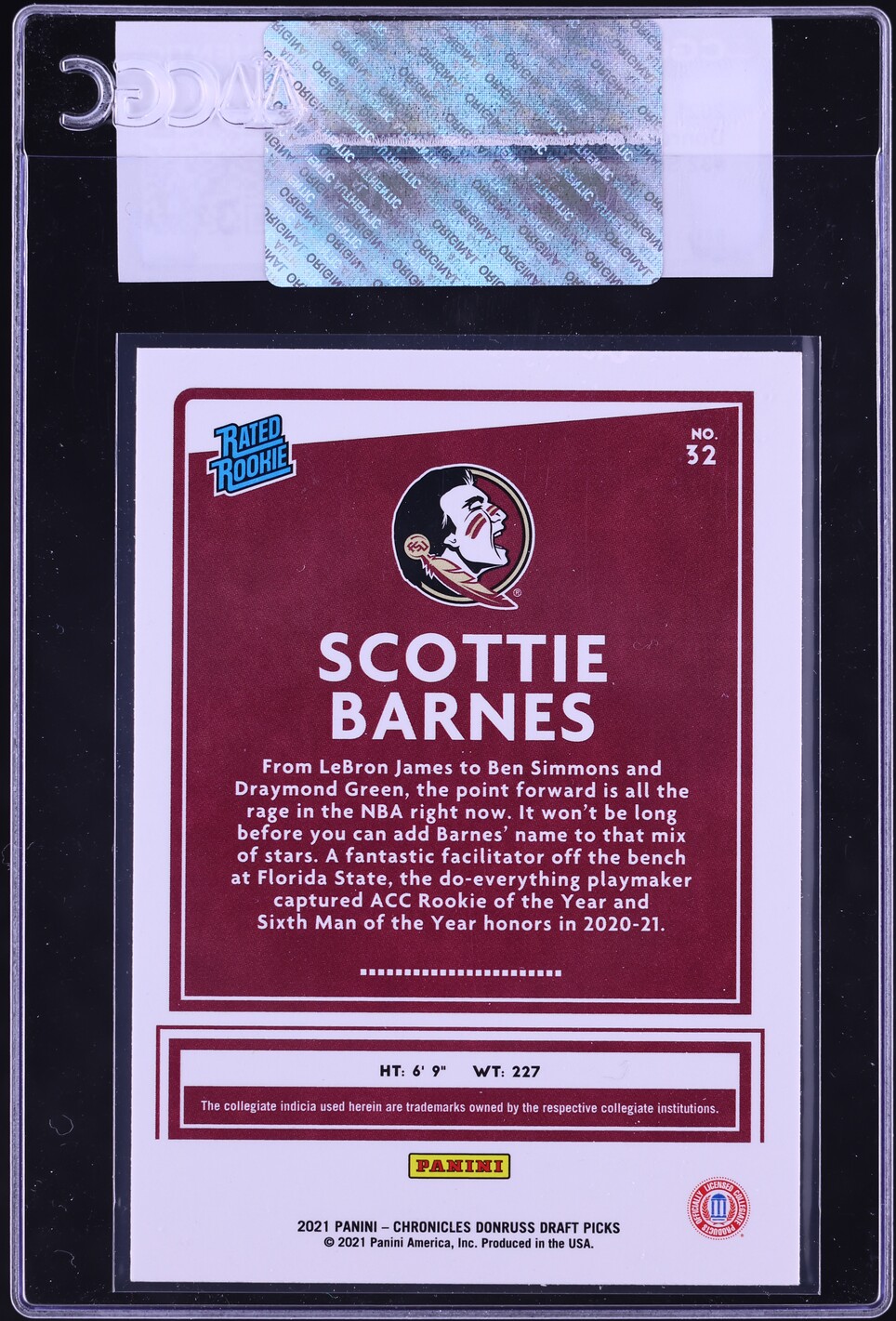 2021 Donruss Chronicles Draft Picks Scottie Barnes ROOKIE #32 CGC AUTH
