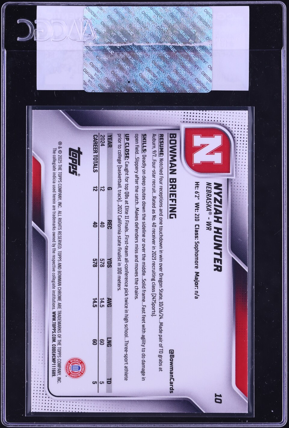 2025 Bowman Chrome University Xfractor Nyziah Hunter ROOKIE #10 CGC AUTH