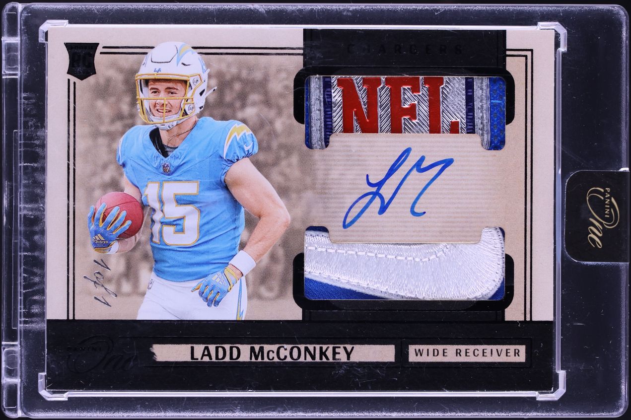 2024 Panini One Dual Black Ladd McConkey ROOKIE NFL SHIELD NIKE LOGO PATCH AUTO 1/1 #39