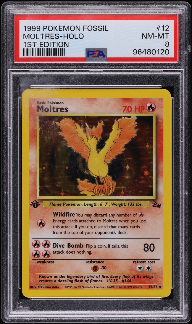 1999 Pokemon Fossil 1st Edition Holo Moltres #12 PSA 8 NM-MT
