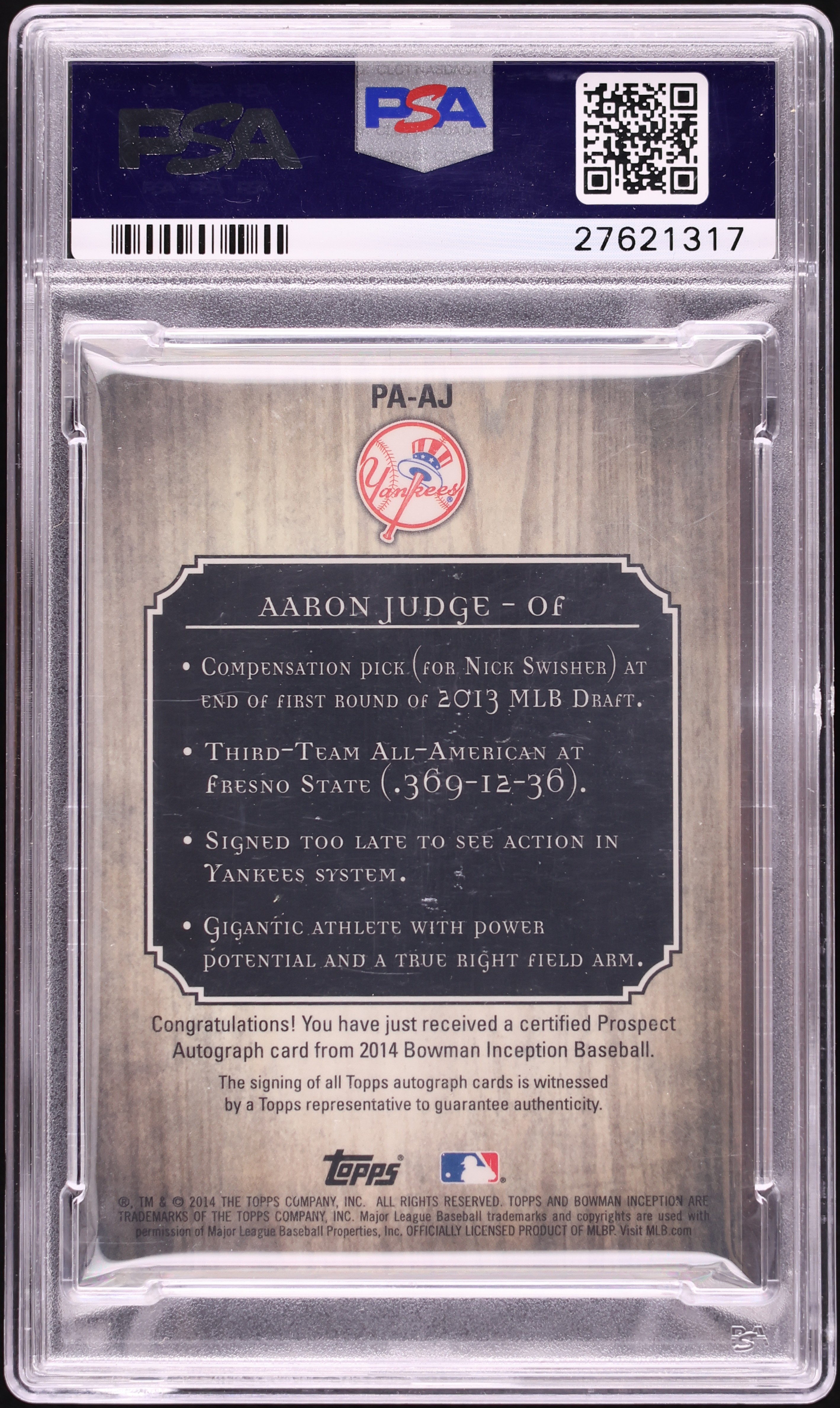 2014 Bowman Inception Aaron Judge PROSPECT AUTO #PA-AJ PSA 10 GEM
