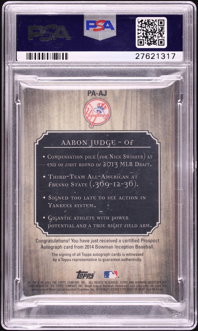 2014 Bowman Inception Aaron Judge PROSPECT AUTO #PA-AJ PSA 10 GEM MINT