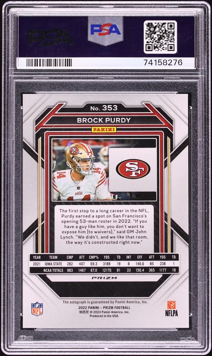 2022 Panini Prizm Brock Purdy ROOKIE AUTO DNA 10 #353 PSA 10 GEM MINT