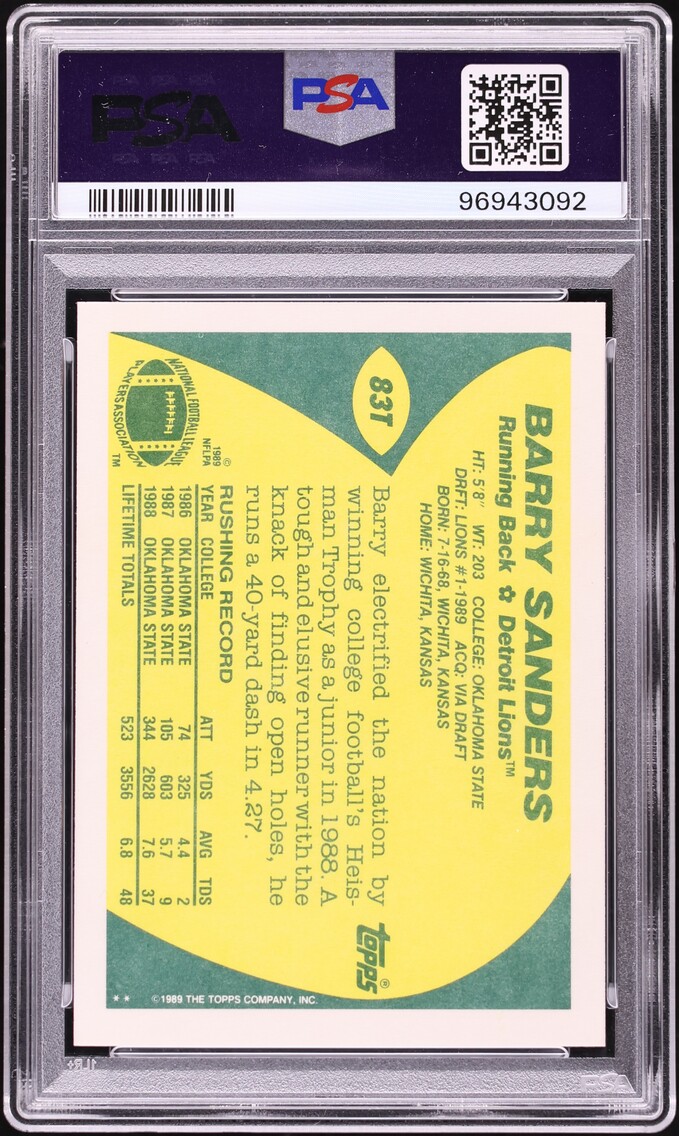 1989 Topps Traded Barry Sanders ROOKIE AUTO DNA 10 #83T PSA 10 GEM MINT